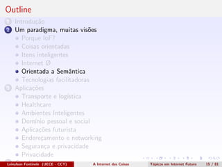 Outline
1 Introdu¸c˜ao
2 Um paradigma, muitas vis˜oes
Porque IoF?
Coisas orientadas
Itens inteligentes
Internet Ø
Orientada a Semˆantica
Tecnologias facilitadoras
3 Aplica¸c˜oes
Transporte e log´ıstica
Healthcare
Ambientes Inteligentes
Dom´ınio pessoal e social
Aplica¸c˜oes futurista
Endere¸camento e networking
Seguran¸ca e privacidade
Privacidade
4 Conclus˜oesLeinylson Fontinele (UECE - CCT) A Internet das Coisas T´opicos em Internet Futuro 15 / 81
 