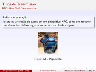 Tipos de Transmiss˜ao
NFC - Near Field Communication
Leitura e grava¸c˜ao
leitura ou altera¸c˜ao de dados em um dispositivo NFC, como um receptor
que desconta cr´editos registrados em um cart˜ao de viagens.
Figura: NFC Pagamento
Leinylson Fontinele (UECE - CCT) A Internet das Coisas T´opicos em Internet Futuro 37 / 81
 