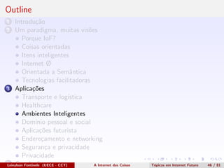 Outline
1 Introdu¸c˜ao
2 Um paradigma, muitas vis˜oes
Porque IoF?
Coisas orientadas
Itens inteligentes
Internet Ø
Orientada a Semˆantica
Tecnologias facilitadoras
3 Aplica¸c˜oes
Transporte e log´ıstica
Healthcare
Ambientes Inteligentes
Dom´ınio pessoal e social
Aplica¸c˜oes futurista
Endere¸camento e networking
Seguran¸ca e privacidade
Privacidade
4 Conclus˜oesLeinylson Fontinele (UECE - CCT) A Internet das Coisas T´opicos em Internet Futuro 46 / 81
 