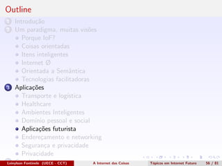 Outline
1 Introdu¸c˜ao
2 Um paradigma, muitas vis˜oes
Porque IoF?
Coisas orientadas
Itens inteligentes
Internet Ø
Orientada a Semˆantica
Tecnologias facilitadoras
3 Aplica¸c˜oes
Transporte e log´ıstica
Healthcare
Ambientes Inteligentes
Dom´ınio pessoal e social
Aplica¸c˜oes futurista
Endere¸camento e networking
Seguran¸ca e privacidade
Privacidade
4 Conclus˜oesLeinylson Fontinele (UECE - CCT) A Internet das Coisas T´opicos em Internet Futuro 56 / 81
 