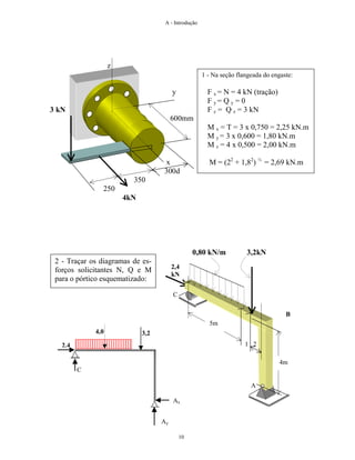 A - Introdução
10
z
y
3 kN
600mm
x
300d
350
250
4kN
1 - Na seção flangeada do engaste:
F x = N = 4 kN (tração)
F y = Q y = 0
F z = Q z = 3 kN
M x = T = 3 x 0,750 = 2,25 kN.m
M y = 3 x 0,600 = 1,80 kN.m
M z = 4 x 0,500 = 2,00 kN.m
M = (22
+ 1,82
) ½
= 2,69 kN.m
0,80 kN/m 3,2kN
B
5m
4m
2 - Traçar os diagramas de es-
forços solicitantes N, Q e M
para o pórtico esquematizado:
2,4
kN
2,4
4,0 3,2
C
C
A
1 2
Ay
Ax
 