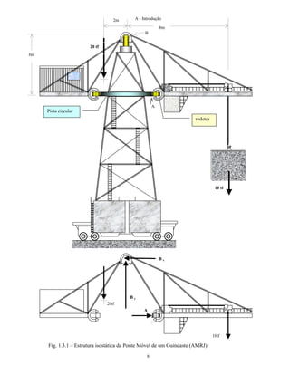 A - Introdução
8
Pista circular
rodetes
8m
6m
20 tf
10 tf
A
B x
B y
B
A
10tf
20tf
2m
Fig. 1.3.1 – Estrutura isostática da Ponte Móvel de um Guindaste (AMRJ).
 