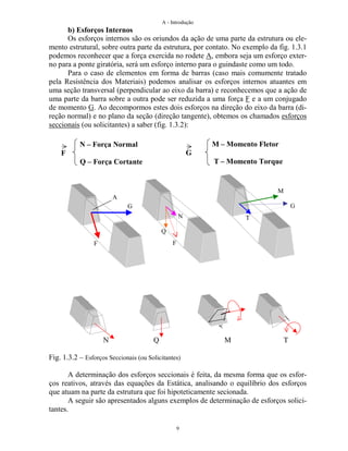 A - Introdução
9
b) Esforços Internos
Os esforços internos são os oriundos da ação de uma parte da estrutura ou ele-
mento estrutural, sobre outra parte da estrutura, por contato. No exemplo da fig. 1.3.1
podemos reconhecer que a força exercida no rodete A, embora seja um esforço exter-
no para a ponte giratória, será um esforço interno para o guindaste como um todo.
Para o caso de elementos em forma de barras (caso mais comumente tratado
pela Resistência dos Materiais) podemos analisar os esforços internos atuantes em
uma seção transversal (perpendicular ao eixo da barra) e reconhecemos que a ação de
uma parte da barra sobre a outra pode ser reduzida a uma força F e a um conjugado
de momento G. Ao decompormos estes dois esforços na direção do eixo da barra (di-
reção normal) e no plano da seção (direção tangente), obtemos os chamados esforços
seccionais (ou solicitantes) a saber (fig. 1.3.2):
N Q M T
Fig. 1.3.2 – Esforços Seccionais (ou Solicitantes)
A determinação dos esforços seccionais é feita, da mesma forma que os esfor-
ços reativos, através das equações da Estática, analisando o equilíbrio dos esforços
que atuam na parte da estrutura que foi hipoteticamente secionada.
A seguir são apresentados alguns exemplos de determinação de esforços solici-
tantes.
N – Força Normal
F
Q – Força Cortante
M – Momento Fletor
G
T – Momento Torque
F
G
Q
N
F
G
M
T
A
 