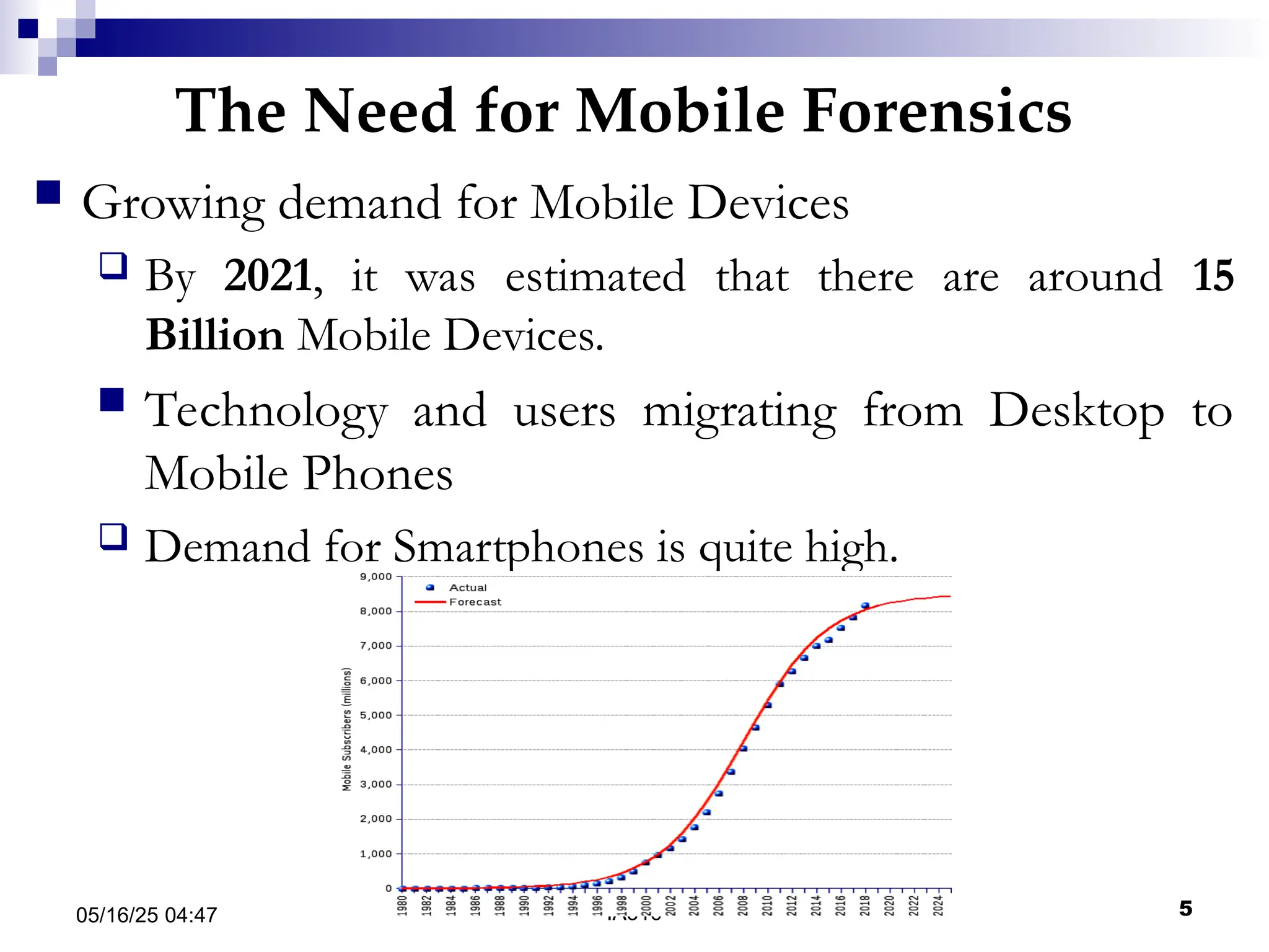 The Need for Mobile Forensics
05/16/25 04:47 IA316 5
 Growing demand for Mobile Devices
 By 2021, it was estimated that there are around 15
Billion Mobile Devices.
 Technology and users migrating from Desktop to
Mobile Phones
 Demand for Smartphones is quite high.
 