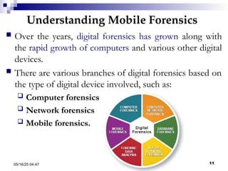 Understanding Mobile Forensics
05/16/25 04:47 IA316 11
 Over the years, digital forensics has grown along with
the rapid growth of computers and various other digital
devices.
 There are various branches of digital forensics based on
the type of digital device involved, such as:
 Computer forensics
 Network forensics
 Mobile forensics.
 