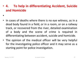 <ul><li>4.      To help in differentiating Accident, Suicide and Homicide </li></ul><ul><li>  </li></ul><ul><li>In cases o...