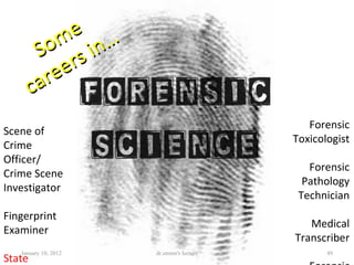 Some careers in… Scene of Crime Officer/ Crime Scene Investigator Fingerprint Examiner State Pathologist/ Forensic Patholo...