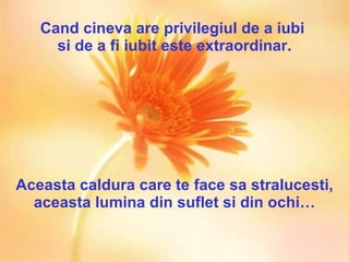 Cand cineva are privilegiul de a iubi  si de a fi iubit este extraordinar. Aceasta caldura care te face sa stralucesti, aceasta lumina din suflet si din ochi… 