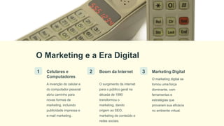 O Marketing e a Era Digital
1 Celulares e
Computadores
A invenção do celular e
do computador pessoal
abriu caminho para
novas formas de
marketing, incluindo
publicidade impressa e
e-mail marketing.
2 Boom da Internet
O surgimento da internet
para o público geral na
década de 1990
transformou o
marketing, dando
origem ao SEO,
marketing de conteúdo e
redes sociais.
3 Marketing Digital
O marketing digital se
tornou uma força
dominante, com
ferramentas e
estratégias que
provaram sua eficácia
no ambiente virtual.
 