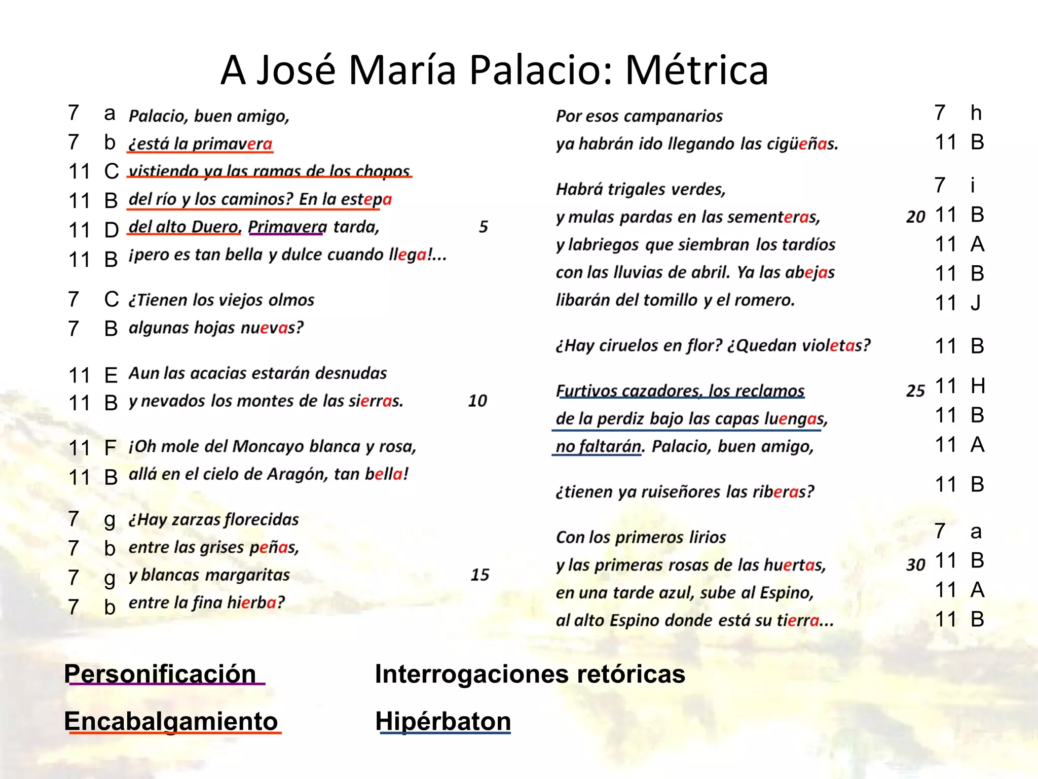 A José María Palacio: Métrica Personificación Interrogaciones retóricas Encabalgamiento Hipérbaton 7 a 7 b 11 C 11 B 11 D 11 B 7 C 7 B 11 E 11 B 11 F 11 B 7 g 7 b 7 g 7 b 7 h 11 B 7 i 11 B 11 A 11 B 11 J 11 B 11 H 11 B 11 A 11 B 7 a 11 B 11 A 11 B