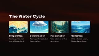 The Water Cycle
Evaporation
Water evaporates from
oceans, lakes, and land.
Condensation
Water vapor forms clouds in
the atmosphere.
Precipitation
Water returns to Earth as
rain or snow.
Collection
Water collects in oceans,
lakes, and groundwater.
 
