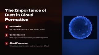 The Importance of
Dust in Cloud
Formation
1 Nucleation
Dust particles act as nuclei for water droplets to form.
2 Condensation
Water vapor condenses more easily around these particles.
3 Cloud Formation
Without dust, cloud formation would be much more difficult.
 