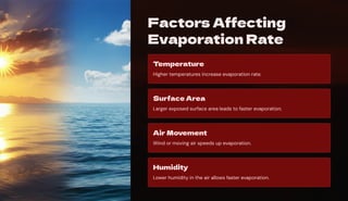 Factors Affecting
Evaporation Rate
Temperature
Higher temperatures increase evaporation rate.
Surface Area
Larger exposed surface area leads to faster evaporation.
Air Movement
Wind or moving air speeds up evaporation.
Humidity
Lower humidity in the air allows faster evaporation.
 
