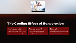 The Cooling Effect of Evaporation
Heat Absorption
Evaporation requires energy, which
is taken from the surroundings.
Temperature Drop
This energy transfer causes a
cooling effect on the surface.
Examples
Sweating cools our body. Sprinkling
water on floors cools rooms.
 