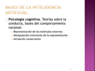 Psicología cognitiva. Teorías sobre la
conducta, bases del comportamiento
racional:
 Representación de los estímulos externos
 Manipulación consciente de la representación
 Actuación consecuente
5
 