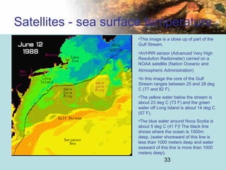 33
Satellites - sea surface temperature
•This image is a close up of part of the
Gulf Stream.
•AVHRR sensor (Advanced Very High
Resolution Radiometer) carried on a
NOAA satellite (Nation Oceanic and
Atmospheric Administration)
•In this image the core of the Gulf
Stream ranges between 25 and 28 deg
C (77 and 82 F).
•The yellow water below the stream is
about 23 deg C (73 F) and the green
water off Long Island is about 14 deg C
(57 F).
•The blue water around Nova Scotia is
about 5 deg C (41 F)! The black line
shows where the ocean is 1000m
deep, (water shoreward of this line is
less than 1000 meters deep and water
seaward of this line is more than 1000
meters deep).
 