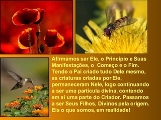 Afirmamos ser Ele, o Princípio e Suas Manifestações, o  Começo e o Fim. Tendo o Pai criado tudo Dele mesmo, as criaturas criadas por Ele, permaneceram Nele, logo continuando a ser uma partícula divina, contendo em si uma parte do Criador. Passamos a ser Seus Filhos, Divinos pela origem. Eis o que somos, em realidade! 