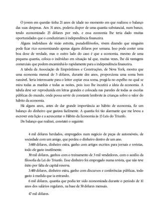 O jovem em questão tinha 21 anos de idade no momento em que realizou o balanço
das suas despesas. Aos 31 anos, poderia dispor de uma quantia substancial, num banco,
tendo economizado 25 dólares por mês, e essa economia lhe teria dado muitas
oportunidades que o conduziriam à independência financeira.
Alguns indivíduos de visão estreita, pseudofilósofos, vivem dizendo que ninguém
pode ficar rico economizando apenas alguns dólares por semana. Isso pode conter uma
boa dose de verdade, mas o outro lado do caso é que a economia, mesmo de uma
pequena quantia, coloca o indivíduo em situação tal que, muitas vezes, lhe dá vantagens
comerciais que podem encaminhá-lo rapidamente para a independência financeira.
A tabela da Associação de Empréstimos e Construções, de Nova York, mostra que
uma economia mensal de 5 dólares, durante dez anos, proporciona uma soma bem
razoável. Seria interessante para o leitor copiar essa soma, pregá-la no espelho no qual se
mira todas as manhãs e todas as noites, pois isso lhe incutirá a ideia da economia. A
tabela deve ser reproduzida em letras grandes e colocada nas paredes de todas as escolas
públicas do mundo, onde possa servir de constante lembrete às crianças sobre o valor do
hábito da economia.
Há alguns anos, antes de dar grande importância ao hábito de economia, fiz um
balanço do dinheiro que gastava facilmente. A quantia foi tão alarmante que me levou a
escrever esta lição e a acrescentar o Hábito da Economia às 15Leis do Triunfo.
Do balanço que realizei, constatei o seguinte:
4 mil dólares herdados, empregados num negócio de peças de automóveis, de
sociedade com um amigo, que perdeu o dinheiro dentro de um ano.
3.600 dólares, dinheiro extra, ganho com artigos escritos para jornais e revistas,
todo ele gasto inutilmente.
30 mil dólares, ganhos com o treinamento de 3 mil vendedores, com o auxílio da
filosofia da Lei do Triunfo. Esse dinheiro foi empregado numa revista, que não teve
êxito por falta de capital-reserva.
3.400 dólares, dinheiro extra, ganho com discursos e conferências públicas, todo
gasto à medida que ia entrando.
6 mil dólares, quantia que podia ter sido economizada durante o período de 10
anos dos salários regulares, na base de 50dólares mensais.
47mil dólares.
 