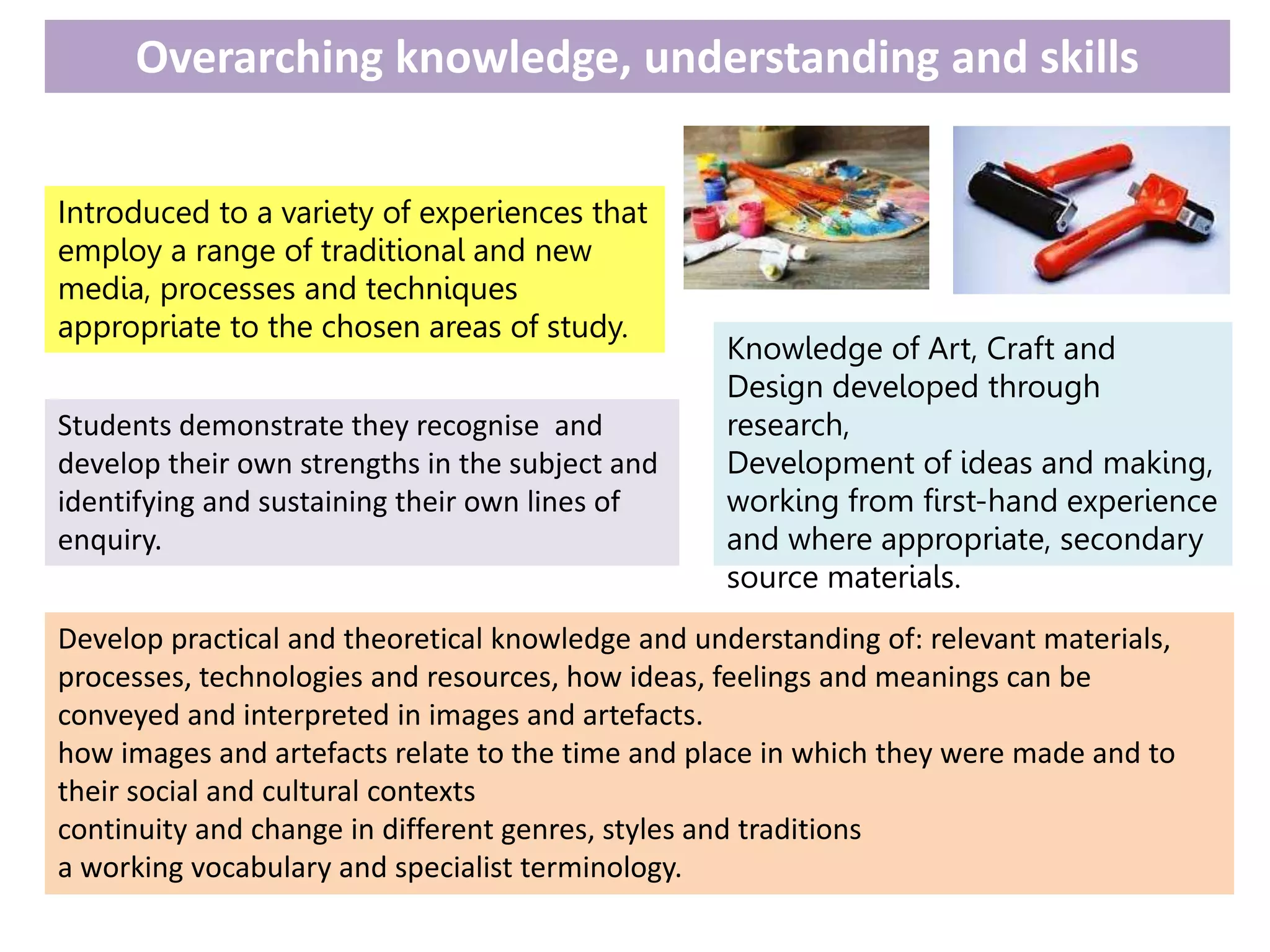 Overarching knowledge, understanding and skills
Introduced to a variety of experiences that
employ a range of traditional and new
media, processes and techniques
appropriate to the chosen areas of study.
Knowledge of Art, Craft and
Design developed through
research,
Development of ideas and making,
working from first-hand experience
and where appropriate, secondary
source materials.
Students demonstrate they recognise and
develop their own strengths in the subject and
identifying and sustaining their own lines of
enquiry.
Develop practical and theoretical knowledge and understanding of: relevant materials,
processes, technologies and resources, how ideas, feelings and meanings can be
conveyed and interpreted in images and artefacts.
how images and artefacts relate to the time and place in which they were made and to
their social and cultural contexts
continuity and change in different genres, styles and traditions
a working vocabulary and specialist terminology.
 