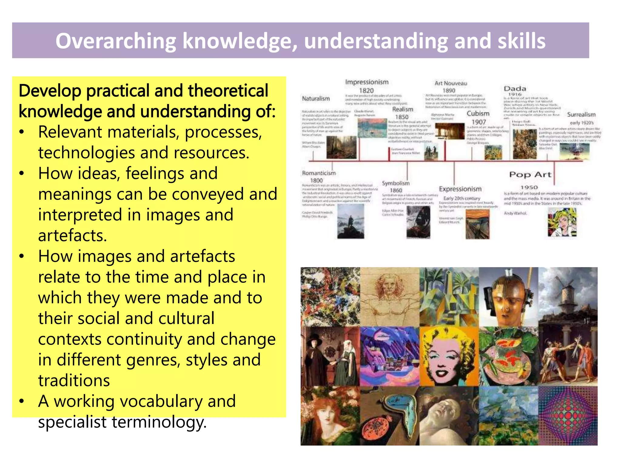 Overarching knowledge, understanding and skills
Develop practical and theoretical
knowledge and understanding of:
• Relevant materials, processes,
technologies and resources.
• How ideas, feelings and
meanings can be conveyed and
interpreted in images and
artefacts.
• How images and artefacts
relate to the time and place in
which they were made and to
their social and cultural
contexts continuity and change
in different genres, styles and
traditions
• A working vocabulary and
specialist terminology.
 