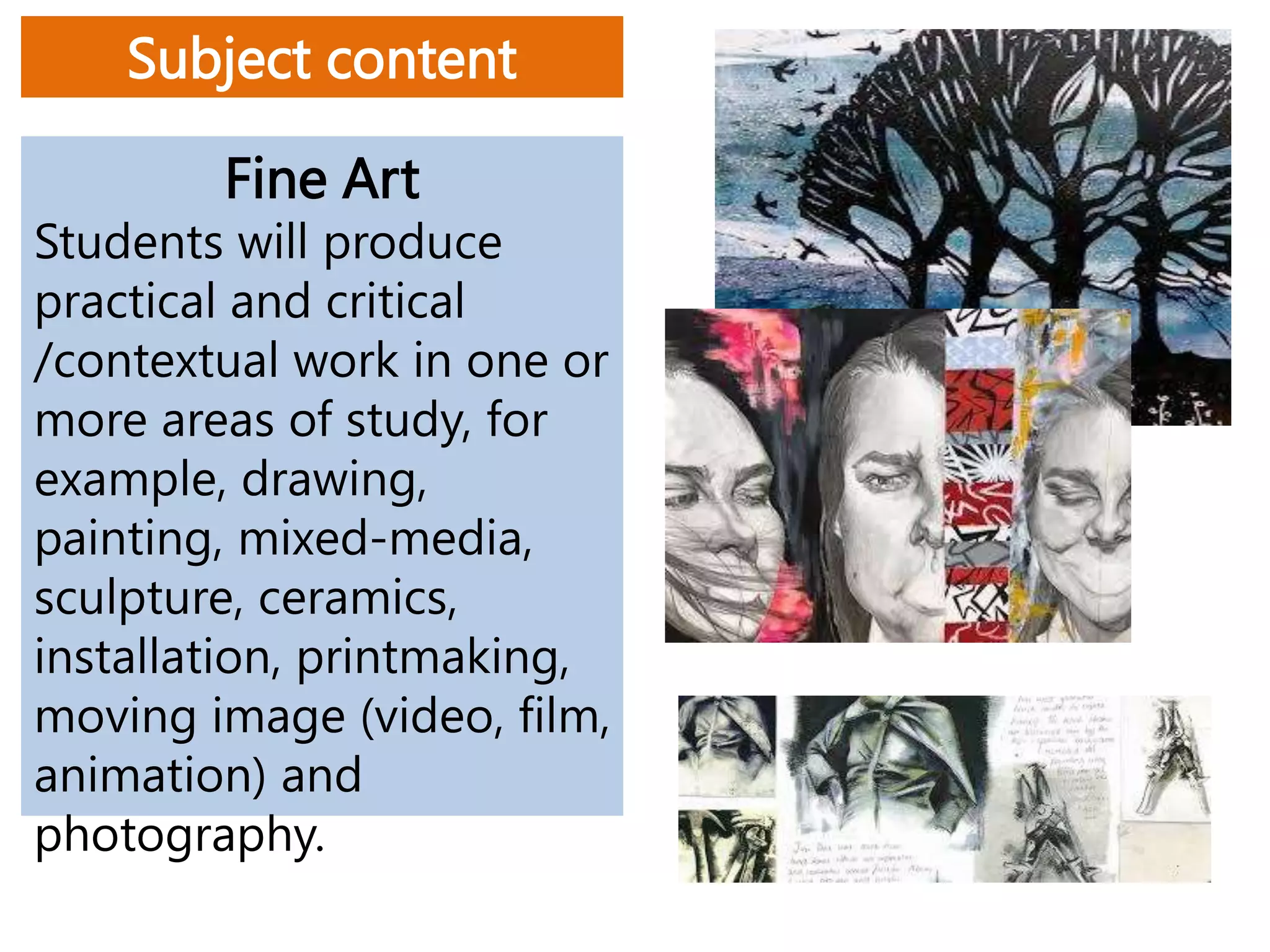 Subject content
Fine Art
Students will produce
practical and critical
/contextual work in one or
more areas of study, for
example, drawing,
painting, mixed-media,
sculpture, ceramics,
installation, printmaking,
moving image (video, film,
animation) and
photography.
 