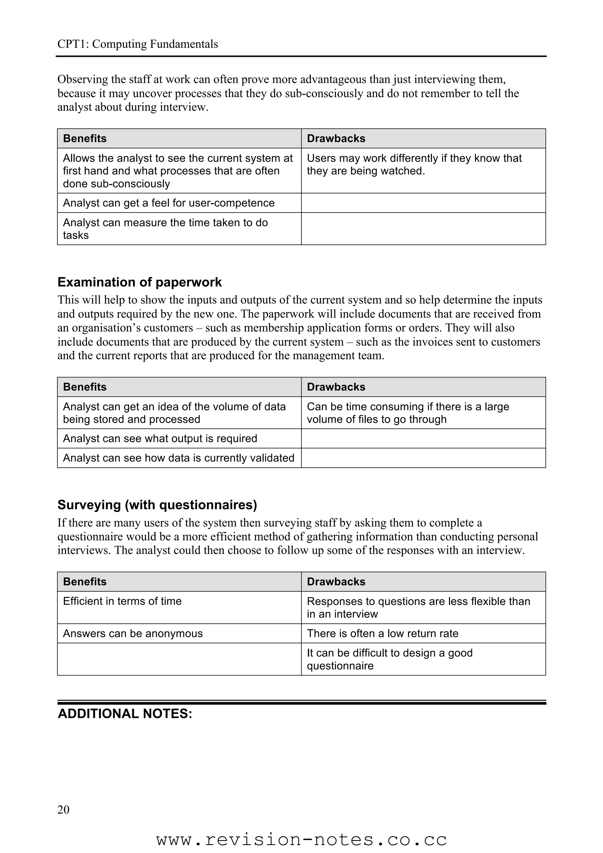 CPT1: Computing Fundamentals

Observing the staff at work can often prove more advantageous than just interviewing them,
because it may uncover processes that they do sub-consciously and do not remember to tell the
analyst about during interview.

 Benefits                                          Drawbacks
 Allows the analyst to see the current system at   Users may work differently if they know that
 first hand and what processes that are often      they are being watched.
 done sub-consciously
 Analyst can get a feel for user-competence
 Analyst can measure the time taken to do
 tasks



Examination of paperwork
This will help to show the inputs and outputs of the current system and so help determine the inputs
and outputs required by the new one. The paperwork will include documents that are received from
an organisation’s customers – such as membership application forms or orders. They will also
include documents that are produced by the current system – such as the invoices sent to customers
and the current reports that are produced for the management team.

 Benefits                                          Drawbacks
 Analyst can get an idea of the volume of data     Can be time consuming if there is a large
 being stored and processed                        volume of files to go through
 Analyst can see what output is required
 Analyst can see how data is currently validated



Surveying (with questionnaires)
If there are many users of the system then surveying staff by asking them to complete a
questionnaire would be a more efficient method of gathering information than conducting personal
interviews. The analyst could then choose to follow up some of the responses with an interview.

 Benefits                                          Drawbacks
 Efficient in terms of time                        Responses to questions are less flexible than
                                                   in an interview
 Answers can be anonymous                          There is often a low return rate
                                                   It can be difficult to design a good
                                                   questionnaire



ADDITIONAL NOTES:




20

                     www.revision-notes.co.cc
 