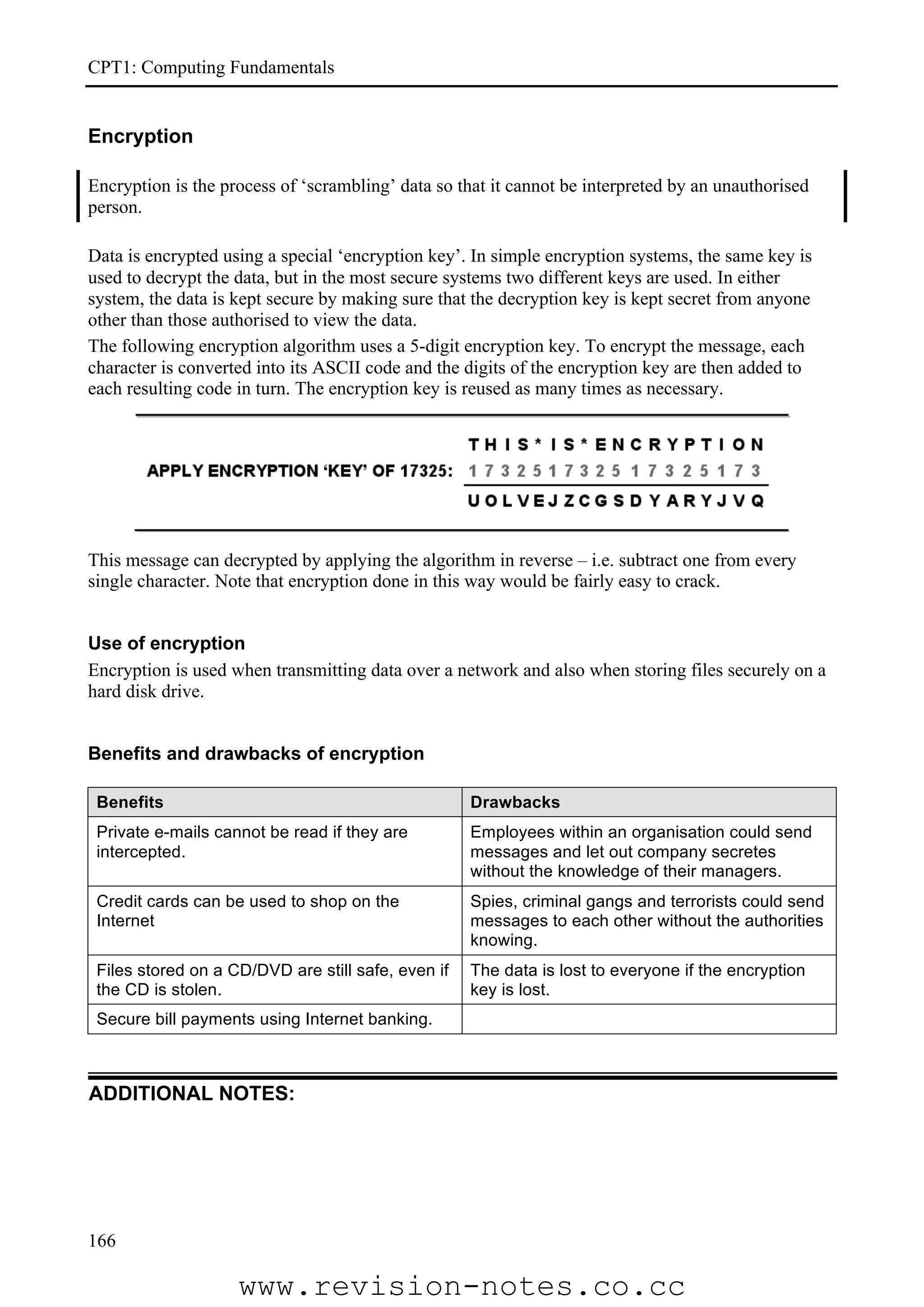 CPT1: Computing Fundamentals


Encryption

Encryption is the process of ‘scrambling’ data so that it cannot be interpreted by an unauthorised
person.

Data is encrypted using a special ‘encryption key’. In simple encryption systems, the same key is
used to decrypt the data, but in the most secure systems two different keys are used. In either
system, the data is kept secure by making sure that the decryption key is kept secret from anyone
other than those authorised to view the data.
The following encryption algorithm uses a 5-digit encryption key. To encrypt the message, each
character is converted into its ASCII code and the digits of the encryption key are then added to
each resulting code in turn. The encryption key is reused as many times as necessary.




This message can decrypted by applying the algorithm in reverse – i.e. subtract one from every
single character. Note that encryption done in this way would be fairly easy to crack.


Use of encryption
Encryption is used when transmitting data over a network and also when storing files securely on a
hard disk drive.


Benefits and drawbacks of encryption

 Benefits                                           Drawbacks
 Private e-mails cannot be read if they are         Employees within an organisation could send
 intercepted.                                       messages and let out company secretes
                                                    without the knowledge of their managers.
 Credit cards can be used to shop on the            Spies, criminal gangs and terrorists could send
 Internet                                           messages to each other without the authorities
                                                    knowing.
 Files stored on a CD/DVD are still safe, even if   The data is lost to everyone if the encryption
 the CD is stolen.                                  key is lost.
 Secure bill payments using Internet banking.



ADDITIONAL NOTES:




166

                    www.revision-notes.co.cc
 