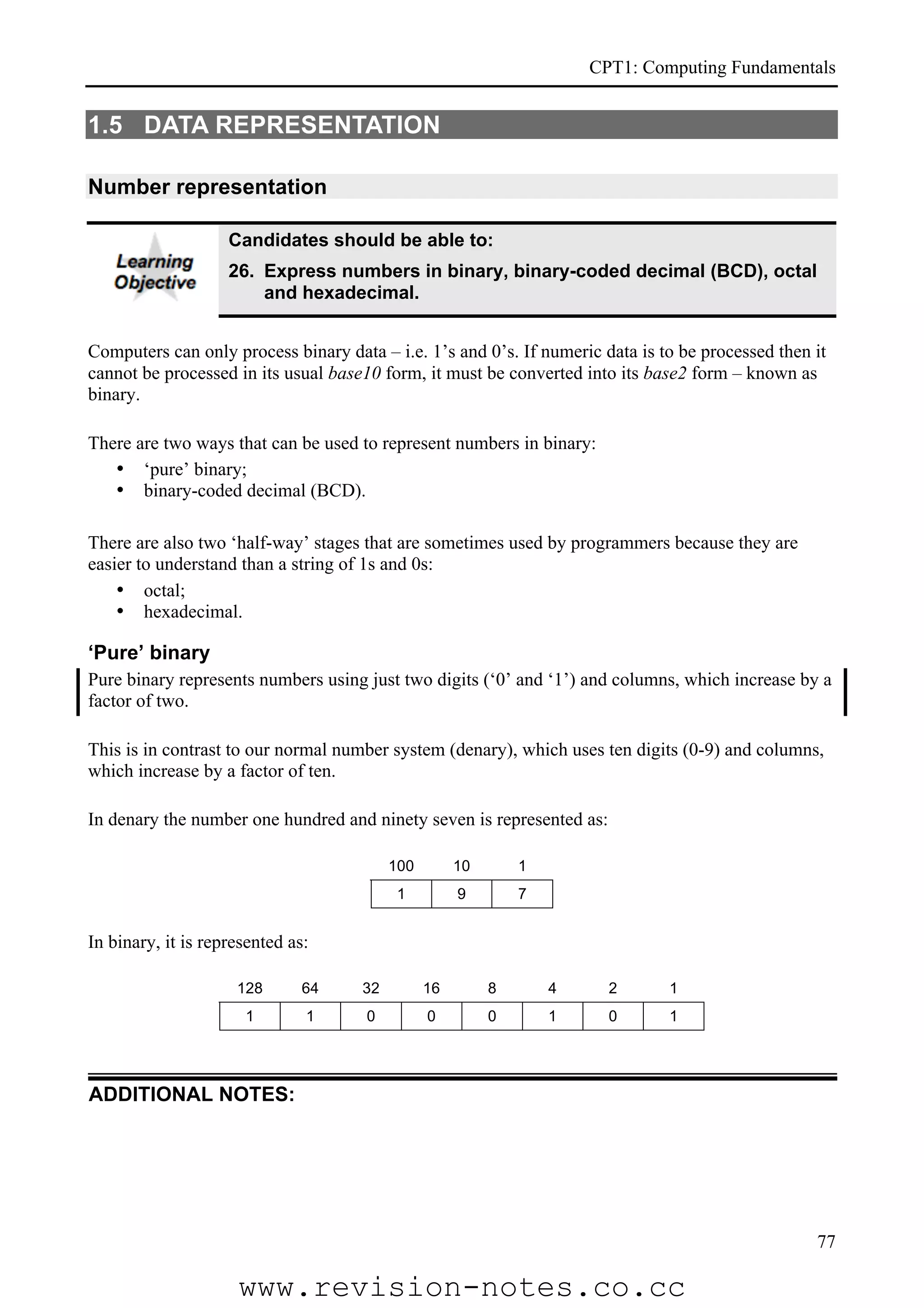 CPT1: Computing Fundamentals


1.5 DATA REPRESENTATION

Number representation

                    Candidates should be able to:
                    26. Express numbers in binary, binary-coded decimal (BCD), octal
                        and hexadecimal.


Computers can only process binary data – i.e. 1’s and 0’s. If numeric data is to be processed then it
cannot be processed in its usual base10 form, it must be converted into its base2 form – known as
binary.

There are two ways that can be used to represent numbers in binary:
   • ‘pure’ binary;
   • binary-coded decimal (BCD).

There are also two ‘half-way’ stages that are sometimes used by programmers because they are
easier to understand than a string of 1s and 0s:
    • octal;
    • hexadecimal.

‘Pure’ binary
Pure binary represents numbers using just two digits (‘0’ and ‘1’) and columns, which increase by a
factor of two.

This is in contrast to our normal number system (denary), which uses ten digits (0-9) and columns,
which increase by a factor of ten.

In denary the number one hundred and ninety seven is represented as:

                                          100        10       1
                                           1         9        7


In binary, it is represented as:

                     128       64    32         16        8       4     2      1
                      1        1      0         0         0       1     0      1




ADDITIONAL NOTES:




                                                                                                   77

                     www.revision-notes.co.cc
 