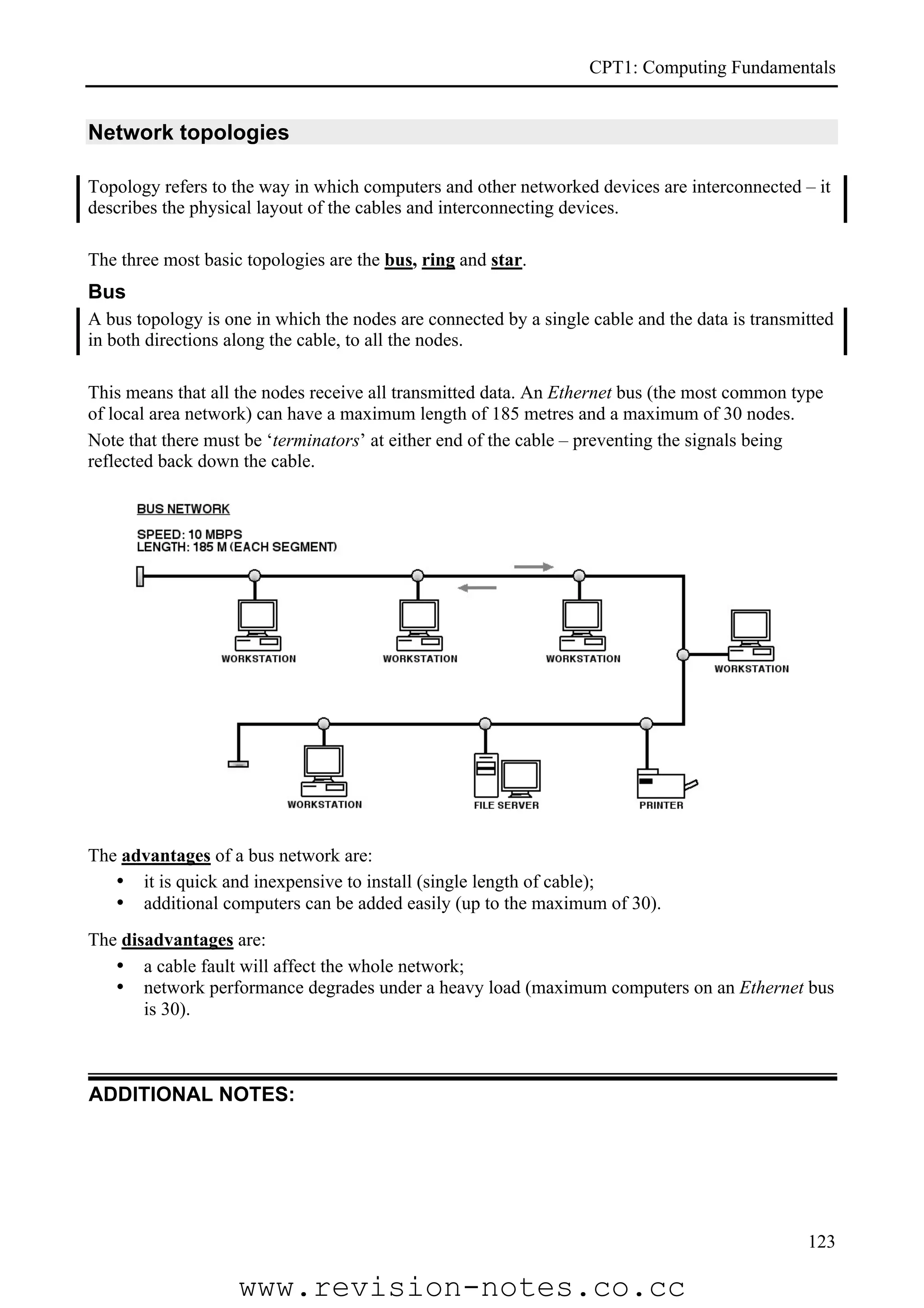 CPT1: Computing Fundamentals


Network topologies

Topology refers to the way in which computers and other networked devices are interconnected – it
describes the physical layout of the cables and interconnecting devices.

The three most basic topologies are the bus, ring and star.
Bus
A bus topology is one in which the nodes are connected by a single cable and the data is transmitted
in both directions along the cable, to all the nodes.

This means that all the nodes receive all transmitted data. An Ethernet bus (the most common type
of local area network) can have a maximum length of 185 metres and a maximum of 30 nodes.
Note that there must be ‘terminators’ at either end of the cable – preventing the signals being
reflected back down the cable.




The advantages of a bus network are:
   • it is quick and inexpensive to install (single length of cable);
   • additional computers can be added easily (up to the maximum of 30).
The disadvantages are:
   • a cable fault will affect the whole network;
   • network performance degrades under a heavy load (maximum computers on an Ethernet bus
       is 30).



ADDITIONAL NOTES:




                                                                                                123

                    www.revision-notes.co.cc
 