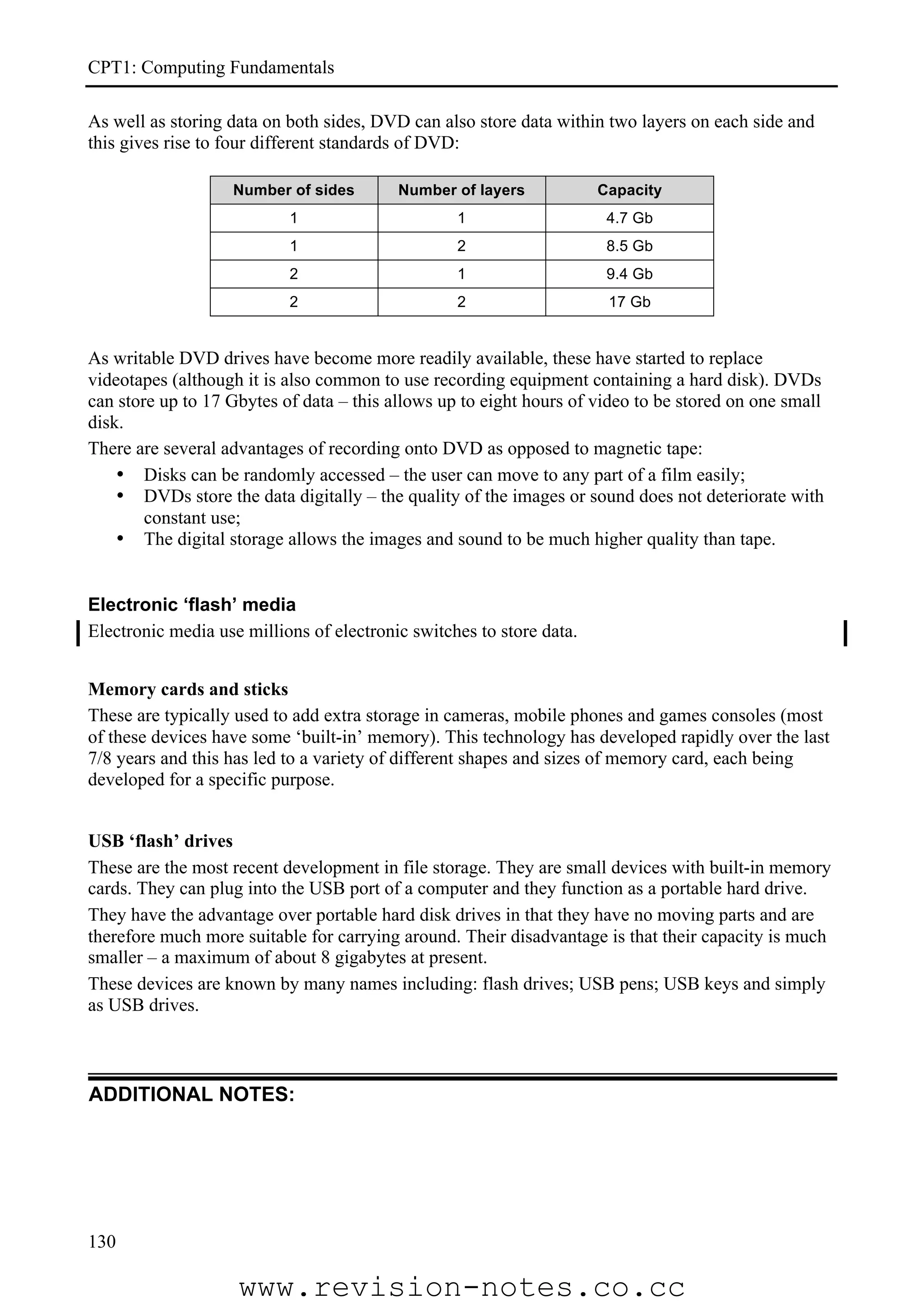 CPT1: Computing Fundamentals

As well as storing data on both sides, DVD can also store data within two layers on each side and
this gives rise to four different standards of DVD:

                   Number of sides        Number of layers            Capacity
                           1                      1                    4.7 Gb
                           1                      2                    8.5 Gb
                           2                      1                    9.4 Gb
                           2                      2                    17 Gb


As writable DVD drives have become more readily available, these have started to replace
videotapes (although it is also common to use recording equipment containing a hard disk). DVDs
can store up to 17 Gbytes of data – this allows up to eight hours of video to be stored on one small
disk.
There are several advantages of recording onto DVD as opposed to magnetic tape:
    • Disks can be randomly accessed – the user can move to any part of a film easily;
    • DVDs store the data digitally – the quality of the images or sound does not deteriorate with
        constant use;
    • The digital storage allows the images and sound to be much higher quality than tape.


Electronic ‘flash’ media
Electronic media use millions of electronic switches to store data.


Memory cards and sticks
These are typically used to add extra storage in cameras, mobile phones and games consoles (most
of these devices have some ‘built-in’ memory). This technology has developed rapidly over the last
7/8 years and this has led to a variety of different shapes and sizes of memory card, each being
developed for a specific purpose.


USB ‘flash’ drives
These are the most recent development in file storage. They are small devices with built-in memory
cards. They can plug into the USB port of a computer and they function as a portable hard drive.
They have the advantage over portable hard disk drives in that they have no moving parts and are
therefore much more suitable for carrying around. Their disadvantage is that their capacity is much
smaller – a maximum of about 8 gigabytes at present.
These devices are known by many names including: flash drives; USB pens; USB keys and simply
as USB drives.



ADDITIONAL NOTES:




130

                    www.revision-notes.co.cc
 