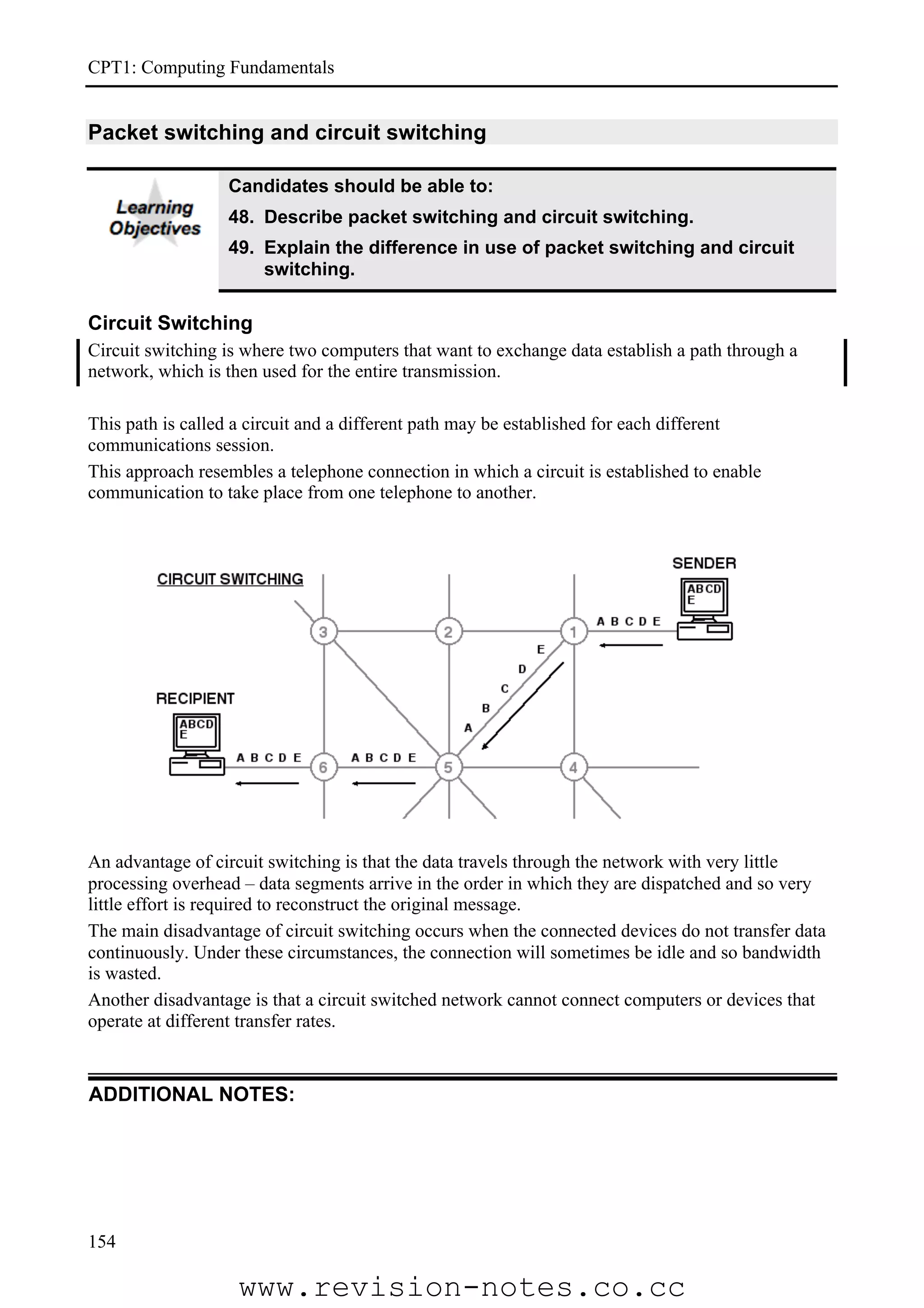 CPT1: Computing Fundamentals


Packet switching and circuit switching

                  Candidates should be able to:
                  48. Describe packet switching and circuit switching.
                  49. Explain the difference in use of packet switching and circuit
                      switching.

Circuit Switching
Circuit switching is where two computers that want to exchange data establish a path through a
network, which is then used for the entire transmission.

This path is called a circuit and a different path may be established for each different
communications session.
This approach resembles a telephone connection in which a circuit is established to enable
communication to take place from one telephone to another.




An advantage of circuit switching is that the data travels through the network with very little
processing overhead – data segments arrive in the order in which they are dispatched and so very
little effort is required to reconstruct the original message.
The main disadvantage of circuit switching occurs when the connected devices do not transfer data
continuously. Under these circumstances, the connection will sometimes be idle and so bandwidth
is wasted.
Another disadvantage is that a circuit switched network cannot connect computers or devices that
operate at different transfer rates.


ADDITIONAL NOTES:




154

                    www.revision-notes.co.cc
 