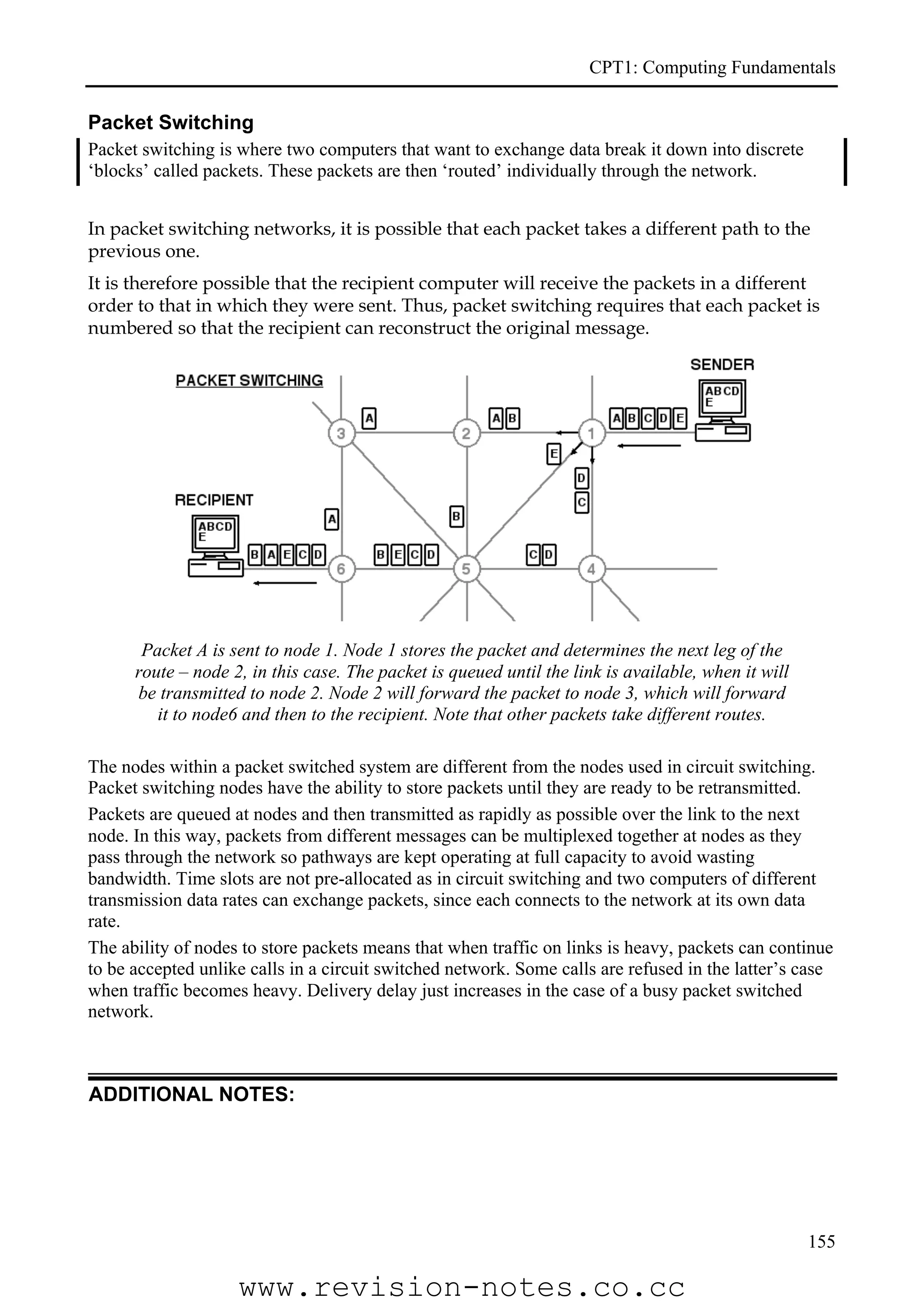 CPT1: Computing Fundamentals

Packet Switching
Packet switching is where two computers that want to exchange data break it down into discrete
‘blocks’ called packets. These packets are then ‘routed’ individually through the network.


In packet switching networks, it is possible that each packet takes a different path to the
previous one.
It is therefore possible that the recipient computer will receive the packets in a different
order to that in which they were sent. Thus, packet switching requires that each packet is
numbered so that the recipient can reconstruct the original message.




       Packet A is sent to node 1. Node 1 stores the packet and determines the next leg of the
      route – node 2, in this case. The packet is queued until the link is available, when it will
      be transmitted to node 2. Node 2 will forward the packet to node 3, which will forward
         it to node6 and then to the recipient. Note that other packets take different routes.

The nodes within a packet switched system are different from the nodes used in circuit switching.
Packet switching nodes have the ability to store packets until they are ready to be retransmitted.
Packets are queued at nodes and then transmitted as rapidly as possible over the link to the next
node. In this way, packets from different messages can be multiplexed together at nodes as they
pass through the network so pathways are kept operating at full capacity to avoid wasting
bandwidth. Time slots are not pre-allocated as in circuit switching and two computers of different
transmission data rates can exchange packets, since each connects to the network at its own data
rate.
The ability of nodes to store packets means that when traffic on links is heavy, packets can continue
to be accepted unlike calls in a circuit switched network. Some calls are refused in the latter’s case
when traffic becomes heavy. Delivery delay just increases in the case of a busy packet switched
network.



ADDITIONAL NOTES:




                                                                                                     155

                    www.revision-notes.co.cc
 
