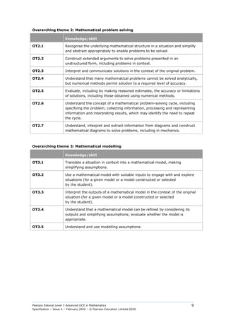 Pearson Edexcel Level 3 Advanced GCE in Mathematics
Specification – Issue 4 – February 2020 – © Pearson Education Limited 2020
9
Overarching theme 2: Mathematical problem solving
Knowledge/skill
OT2.1 Recognise the underlying mathematical structure in a situation and simplify
and abstract appropriately to enable problems to be solved.
OT2.2 Construct extended arguments to solve problems presented in an
unstructured form, including problems in context.
OT2.3 Interpret and communicate solutions in the context of the original problem.
OT2.4 Understand that many mathematical problems cannot be solved analytically,
but numerical methods permit solution to a required level of accuracy.
OT2.5 Evaluate, including by making reasoned estimates, the accuracy or limitations
of solutions, including those obtained using numerical methods.
OT2.6 Understand the concept of a mathematical problem-solving cycle, including
specifying the problem, collecting information, processing and representing
information and interpreting results, which may identify the need to repeat
the cycle.
OT2.7 Understand, interpret and extract information from diagrams and construct
mathematical diagrams to solve problems, including in mechanics.
Overarching theme 3: Mathematical modelling
Knowledge/skill
OT3.1 Translate a situation in context into a mathematical model, making
simplifying assumptions.
OT3.2 Use a mathematical model with suitable inputs to engage with and explore
situations (for a given model or a model constructed or selected
by the student).
OT3.3 Interpret the outputs of a mathematical model in the context of the original
situation (for a given model or a model constructed or selected
by the student).
OT3.4 Understand that a mathematical model can be refined by considering its
outputs and simplifying assumptions; evaluate whether the model is
appropriate.
OT3.5 Understand and use modelling assumptions.
 
