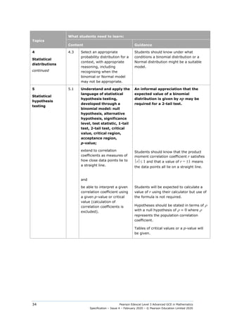 Pearson Edexcel Level 3 Advanced GCE in Mathematics
Specification – Issue 4 – February 2020 – © Pearson Education Limited 2020
34
Topics
What students need to learn:
Content Guidance
4
Statistical
distributions
continued
4.3 Select an appropriate
probability distribution for a
context, with appropriate
reasoning, including
recognising when the
binomial or Normal model
may not be appropriate.
Students should know under what
conditions a binomial distribution or a
Normal distribution might be a suitable
model.
5
Statistical
hypothesis
testing
5.1 Understand and apply the
language of statistical
hypothesis testing,
developed through a
binomial model: null
hypothesis, alternative
hypothesis, significance
level, test statistic, 1-tail
test, 2-tail test, critical
value, critical region,
acceptance region,
p-value;
An informal appreciation that the
expected value of a binomial
distribution is given by np may be
required for a 2-tail test.
extend to correlation
coefficients as measures of
how close data points lie to
a straight line.
and
Students should know that the product
moment correlation coefficient r satisfies
r≤ 1 and that a value of r = ±1 means
the data points all lie on a straight line.
be able to interpret a given
correlation coefficient using
a given p-value or critical
value (calculation of
correlation coefficients is
excluded).
Students will be expected to calculate a
value of r using their calculator but use of
the formula is not required.
Hypotheses should be stated in terms of ρ
with a null hypothesis of ρ = 0 where ρ
represents the population correlation
coefficient.
Tables of critical values or a p-value will
be given.
 