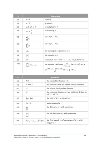 Pearson Edexcel Level 3 Advanced GCE in Mathematics
Specification – Issue 4 – February 2020 – © Pearson Education Limited 2020
55
3 Operations
3.1 a + b a plus b
3.2 a − b a minus b
3.3 a× b, ab, a⋅ b a multiplied by b
3.4
a ÷ b,
a
b
a divided by b
3.5
1
n
i
i
a
=
∑
1 2 n
a a a
+ + +

3.6
1
n
i
i
a
=
∏
1 2 n
a a a
× × ×

3.7 a the non-negative square root of a
3.8 a the modulus of a
3.9 !
n n factorial: n! = n × (n −1) × …× 2 × 1, n∈ℕ; 0! = 1
3.10
, n
r
n
C
r
 
 
 
, n r
C the binomial coefficient !
!( )!
n
r n r
−
for n, r ∊ ℤ0
+
, r ⩽ n
or
( 1) ( 1)
!
n n n r
r
− − +

for n ∈ ℚ, r ∊ ℤ 0
+
4 Functions
4.1 f( )
x the value of the function f at x
4.2 f : x y
 the function f maps the element x to the element y
4.3 1
f − the inverse function of the function f
4.4 gf the composite function of f and g which is defined by
gf( ) g(f( ))
x x
=
4.5 lim f( )
x a
x
→
the limit of f( )
x as x tends to a
4.6 , δ
x x
∆ an increment of x
4.7 d
d
y
x
the derivative of y with respect to x
4.8 d
d
n
n
y
x
the nth derivative of y with respect to x
4.9 ( )
f ( ), f ( ), , f ( )
n
x x x
′ ′′  the first, second, ..., nth
derivatives of f( )
x with
respect to x
 