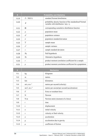 Pearson Edexcel Level 3 Advanced GCE in Mathematics
Specification – Issue 4 – February 2020 – © Pearson Education Limited 2020
58
8 Probability and Statistics
8.19 Z ~ N(0,1) standard Normal distribution
8.20
φ
probability density function of the standardised Normal
variable with distribution N(0, 1)
8.21 Φ corresponding cumulative distribution function
8.22 µ population mean
8.23 σ2
population variance
8.24 σ population standard deviation
8.25 x sample mean
8.26 s2
sample variance
8.27 s sample standard deviation
8.28 H0 Null hypothesis
8.29 H1 Alternative hypothesis
8.30 r product moment correlation coefficient for a sample
8.31 ρ product moment correlation coefficient for a population
9 Mechanics
9.1 kg kilograms
9.2 m metres
9.3 km kilometres
9.4 m/s, m s-1
metres per second (velocity)
9.5 m/s2
, m s-2
metres per second per second (acceleration)
9.6 F Force or resultant force
9.7 N Newton
9.8 N m Newton metre (moment of a force)
9.9 t time
9.10 s displacement
9.11 u initial velocity
9.12 v velocity or final velocity
9.13 a acceleration
9.14 g acceleration due to gravity
9.15 µ coefficient of friction
 