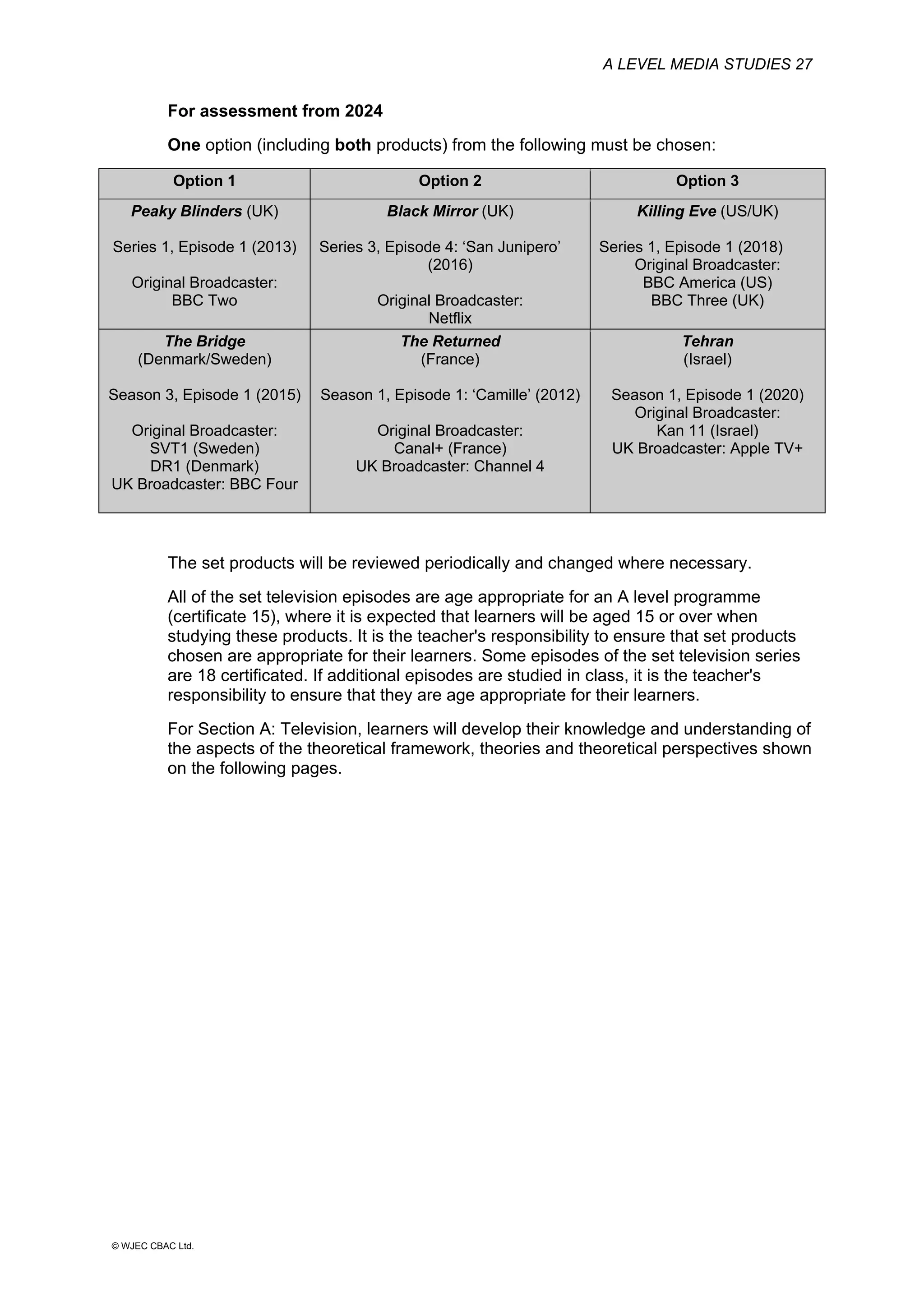 A LEVEL MEDIA STUDIES 27
© WJEC CBAC Ltd.
For assessment from 2024
One option (including both products) from the following must be chosen:
Option 1 Option 2 Option 3
Peaky Blinders (UK)
Series 1, Episode 1 (2013)
Original Broadcaster:
BBC Two
Black Mirror (UK)
Series 3, Episode 4: ‘San Junipero’
(2016)
Original Broadcaster:
Netflix
Killing Eve (US/UK)
Series 1, Episode 1 (2018)
Original Broadcaster:
BBC America (US)
BBC Three (UK)
The Bridge
(Denmark/Sweden)
Season 3, Episode 1 (2015)
Original Broadcaster:
SVT1 (Sweden)
DR1 (Denmark)
UK Broadcaster: BBC Four
The Returned
(France)
Season 1, Episode 1: ‘Camille’ (2012)
Original Broadcaster:
Canal+ (France)
UK Broadcaster: Channel 4
Tehran
(Israel)
Season 1, Episode 1 (2020)
Original Broadcaster:
Kan 11 (Israel)
UK Broadcaster: Apple TV+
The set products will be reviewed periodically and changed where necessary.
All of the set television episodes are age appropriate for an A level programme
(certificate 15), where it is expected that learners will be aged 15 or over when
studying these products. It is the teacher's responsibility to ensure that set products
chosen are appropriate for their learners. Some episodes of the set television series
are 18 certificated. If additional episodes are studied in class, it is the teacher's
responsibility to ensure that they are age appropriate for their learners.
For Section A: Television, learners will develop their knowledge and understanding of
the aspects of the theoretical framework, theories and theoretical perspectives shown
on the following pages.
 
