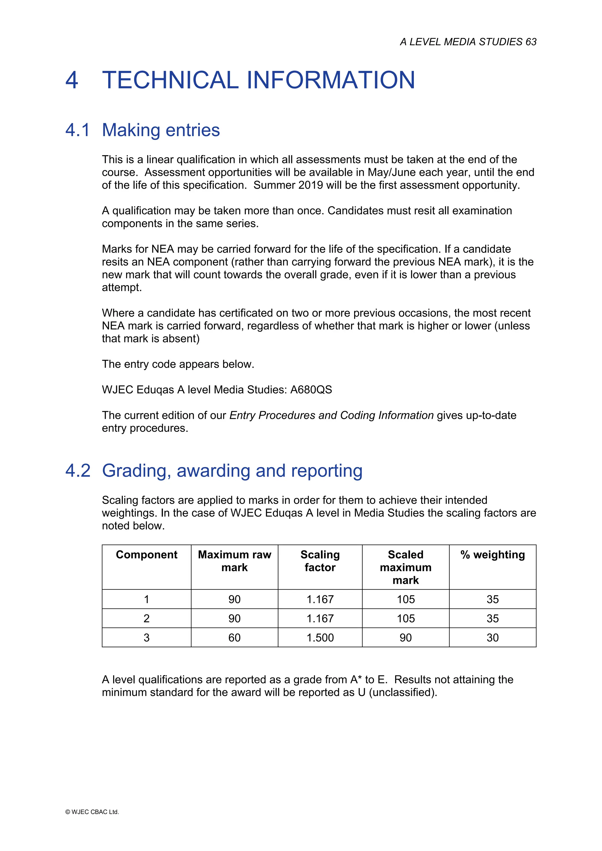 A LEVEL MEDIA STUDIES 63
© WJEC CBAC Ltd.
4 TECHNICAL INFORMATION
4.1 Making entries
This is a linear qualification in which all assessments must be taken at the end of the
course. Assessment opportunities will be available in May/June each year, until the end
of the life of this specification. Summer 2019 will be the first assessment opportunity.
A qualification may be taken more than once. Candidates must resit all examination
components in the same series.
Marks for NEA may be carried forward for the life of the specification. If a candidate
resits an NEA component (rather than carrying forward the previous NEA mark), it is the
new mark that will count towards the overall grade, even if it is lower than a previous
attempt.
Where a candidate has certificated on two or more previous occasions, the most recent
NEA mark is carried forward, regardless of whether that mark is higher or lower (unless
that mark is absent)
The entry code appears below.
WJEC Eduqas A level Media Studies: A680QS
The current edition of our Entry Procedures and Coding Information gives up-to-date
entry procedures.
4.2 Grading, awarding and reporting
Scaling factors are applied to marks in order for them to achieve their intended
weightings. In the case of WJEC Eduqas A level in Media Studies the scaling factors are
noted below.
Component Maximum raw
mark
Scaling
factor
Scaled
maximum
mark
% weighting
1 90 1.167 105 35
2 90 1.167 105 35
3 60 1.500 90 30
A level qualifications are reported as a grade from A* to E. Results not attaining the
minimum standard for the award will be reported as U (unclassified).
 