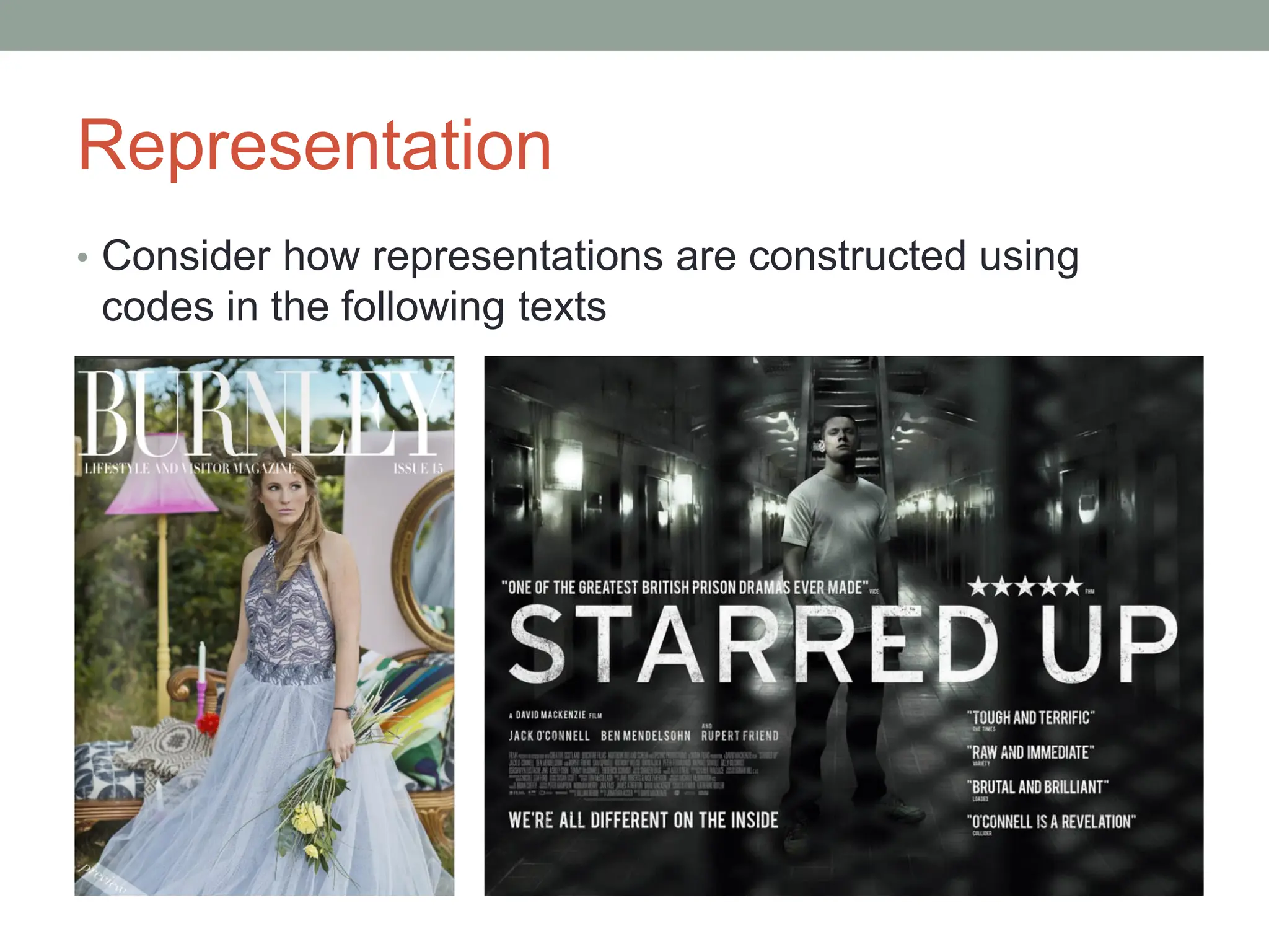 Representation
• Consider how representations are constructed using
codes in the following texts
 