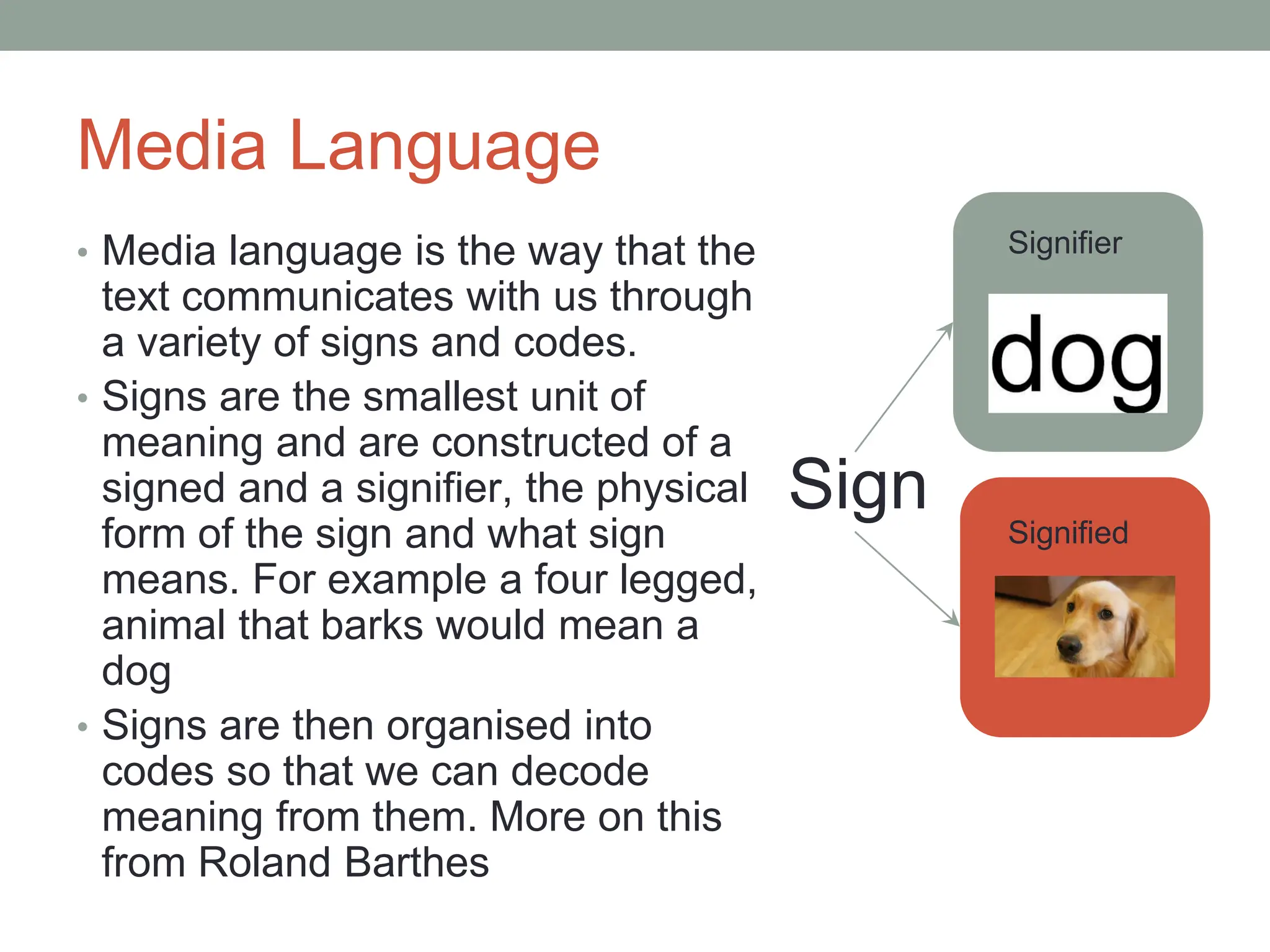 Media Language
• Media language is the way that the
text communicates with us through
a variety of signs and codes.
• Signs are the smallest unit of
meaning and are constructed of a
signed and a signifier, the physical
form of the sign and what sign
means. For example a four legged,
animal that barks would mean a
dog
• Signs are then organised into
codes so that we can decode
meaning from them. More on this
from Roland Barthes
Signified
Signifier
Sign
 
