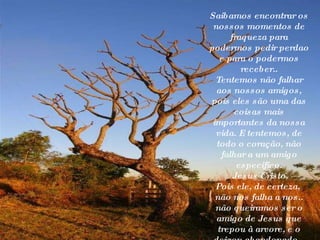 Saibamos encontrar os nossos momentos de fraqueza para podermos pedir perdao e para o podermos receber.. Tentemos não falhar aos nossos amigos, pois eles são uma das coisas mais importantes da nossa vida. E tentemos, de todo o coração, não falhar a um amigo especifico. Jesus Cristo. Pois ele, de certeza,  não nos falha a nos.. não queiramos ser o amigo de Jesus que trepou à arvore, e o deixou abandonado..   