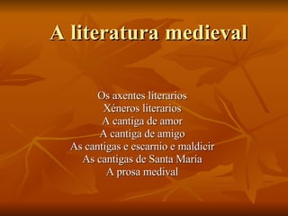 A literatura medieval Os axentes literarios Xéneros literarios A cantiga de amor A cantiga de amigo As cantigas e escarnio...