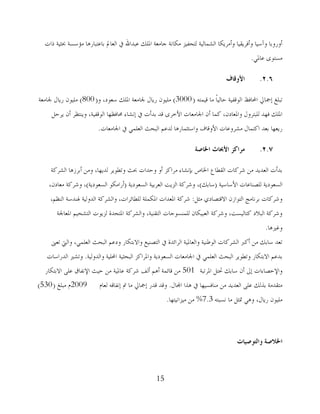 15
‫راد‬ ‫حبضُخ‬ ‫ِإعغخ‬ ‫ثبهزجبس٘ب‬ ‫اٌوبدل‬ ‫يف‬ ‫هجذاهلل‬ ‫اظتٍه‬ ‫عبِوخ‬ ‫ِىبٔخ‬ ‫ٌزؾفُض‬ ‫اٌشّبٌُخ‬ ‫وأِشَىب‬ ‫وأفشَمُب‬ ‫وآعُب‬ ‫أوسوثب‬
ٍ‫هبظت‬ ‫ِغزىي‬.
2.6.‫األوقاف‬
ٗ‫لُّز‬ ‫ِب‬ ً‫ب‬ٌُ‫ؽب‬ ‫اٌىلفُخ‬ ‫احملبفق‬ ‫ئرتبرل‬ ‫رجٍغ‬(3000)‫و‬ ،‫عوىد‬ ‫اظتٍه‬ ‫صتبِوخ‬ ‫سَبي‬ ْ‫ٍُِى‬(800)‫صتبِوخ‬ ‫سَبي‬ ْ‫ٍُِى‬
ً‫َشؽ‬ ْ‫أ‬ ‫وَٕزلش‬ ،‫اٌىلفُخ‬ ‫ػتبفلهب‬ ‫ئٔشبء‬ ‫يف‬ ‫ثذأد‬ ‫لذ‬ ‫األخشي‬ ‫اصتبِوبد‬ ْ‫أ‬ ‫وّب‬ ،ْ‫واظتوبد‬ ‫ٌٍجزشوي‬ ‫فهذ‬ ‫اظتٍه‬
‫اصتبِوبد‬ ‫يف‬ ٍٍّ‫اٌو‬ ‫اٌجؾش‬ ُ‫ٌذه‬ ‫واعزضّبس٘ب‬ ‫األولبف‬ ‫ِششوهبد‬ ‫اوزّبي‬ ‫ثوذ‬ ‫سَوهب‬.
2.7.‫اخلاطت‬ ‫األحباث‬ ‫يزاكش‬
‫اٌششوخ‬ ‫أثشص٘ب‬ ِٓ‫و‬ ،‫ٌذَهب‬ ‫ورـىَش‬ ‫حبش‬ ‫وؽذاد‬ ‫أو‬ ‫ِشاوض‬ ‫ثأشبء‬ ‫اطتبص‬ ‫اٌمـبم‬ ‫ششوبد‬ ِٓ ‫اٌوذَذ‬ ‫ثذأد‬
‫األعبعُخ‬ ‫ٌٍظٕبهبد‬ ‫اٌغوىدَخ‬(‫عبثه‬)‫اٌغوىدَخ‬ ‫اٌوشثُخ‬ ‫اٌضَذ‬ ‫وششوخ‬ ،(‫اٌغوىدَخ‬ ‫أساِىى‬)،ْ‫ِوبد‬ ‫وششوخ‬ ،
ً‫ِض‬ ٌ‫االلزظبد‬ ْ‫اٌزىاص‬ ‫ثشٔبِظ‬ ‫وششوبد‬:،ُ‫إٌل‬ ‫عتٕذعخ‬ ‫اٌذوٌُخ‬ ‫واٌششوخ‬ ،‫ٌٍـبئشاد‬ ‫اظتىٍّخ‬ ‫اظتوذاد‬ ‫ششوخ‬
‫اظتوبصتخ‬ ُُ‫اٌزشؾ‬ ‫ٌضَىد‬ ‫اظتزؾذح‬ ‫واٌششوخ‬ ،‫اٌزمُٕخ‬ ‫ٌٍّٕغىعبد‬ ْ‫اٌوجُىب‬ ‫وششوخ‬ ،‫وزبٌُغذ‬ ‫اٌجالد‬ ‫وششوخ‬
‫وغًن٘ب‬.
‫روىن‬ ‫واٌيت‬ ،ٍٍّ‫اٌو‬ ‫اٌجؾش‬ ُ‫وده‬ ‫واالثزىبس‬ ‫اٌزظُٕن‬ ‫يف‬ ‫اٌشائذح‬ ‫واٌوبظتُخ‬ ‫اٌىؿُٕخ‬ ‫اٌششوبد‬ ‫أورب‬ ِٓ ‫عبثه‬ ‫روذ‬
‫واٌذوٌُخ‬ ‫احملٍُخ‬ ‫اٌجؾضُخ‬ ‫واظتشاوض‬ ‫اٌغوىدَخ‬ ‫اصتبِوبد‬ ‫يف‬ ٍٍّ‫اٌو‬ ‫اٌجؾش‬ ‫ورـىَش‬ ‫االثزىبس‬ ُ‫ثذه‬.‫اٌذساعبد‬ ‫ورشًن‬
‫اظتشرجخ‬ ً‫حتز‬ ‫عبثه‬ ْ‫أ‬ ‫ئذل‬ ‫واإلؽظبءاد‬501‫االثزىبس‬ ًٍ‫ه‬ ‫اإلٔفبق‬ ‫ؽُش‬ ِٓ ‫هبظتُخ‬ ‫ششوخ‬ ‫أٌف‬ ُ٘‫أ‬ ‫لبئّخ‬ ِٓ
‫اجملبي‬ ‫٘زا‬ ‫يف‬ ‫ِٕبفغُهب‬ ِٓ ‫اٌوذَذ‬ ًٍ‫ه‬ ‫ثزٌه‬ ‫ِزمذِخ‬.َ‫ٌوب‬ ٗ‫ئٔفبل‬ ‫مت‬ ‫ِب‬ ‫ئرتبرل‬ ‫لذس‬ ‫ولذ‬2009‫ِجٍغ‬ َ(530)
ٗ‫ٔغجز‬ ‫ِب‬ ً‫دتض‬ ٍ٘‫و‬ ،‫سَبي‬ ْ‫ٍُِى‬7.3%‫ُِضأُزهب‬ ِٓ.
‫اخلالطت‬‫وانتىطياث‬
 