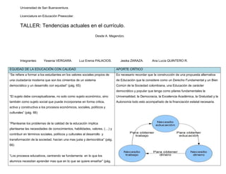 Universidad de San Buenaventura.

        Licenciatura en Educación Preescolar.


        TALLER: Tendencias actuales en el currículo.
                                                                Desde A. Magendzo.




        Integrantes:     Yesenia VERGARA.           Luz Erenia PALACIOS.       Jesika ZARAZA.        Ana Lucía QUINTERO R.

EQUIDAD DE LA EDUCACIÓN CON CALIDAD                                         APORTE CRÍTICO
“Se refiere a formar a los estudiantes en los valores sociales propios de   Es necesario recordar que la construcción de una propuesta alternativa
una ciudadanía moderna que son los cimientos de un sistema                  de Educación que la considere como un Derecho Fundamental y un Bien
democrático y un desarrollo con equidad” (pág. 65)                          Común de la Sociedad colombiana, una Educación de carácter
                                                                            democrático y popular que tenga como pilares fundamentales la
“El sujeto debe conceptualizarse, no solo como sujeto económico, sino       Universalidad, la Democracia, la Excelencia Académica, la Gratuidad y la
también como sujeto social que puede incorporarse en forma critica,         Autonomía todo esto acompañado de la financiación estatal necesaria.
activa y constructiva a los procesos económicos, sociales, políticos y
culturales” (pág. 66)


“Plantearse los problemas de la calidad de la educación implica
plantearse las necesidades de conocimientos, habilidades, valores, (…) y
contribuir en términos sociales, políticos y culturales al desarrollo y
transformación de la sociedad, hacían una mas justa y democrática” (pág.
66)


“Los procesos educativos, centrando se fundamenta en lo que los
alumnos necesitan aprender mas que en lo que se quiere enseñar” (pág.
 