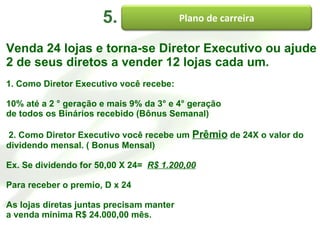 5. Venda 24 lojas e torna-se Diretor Executivo ou ajude 2 de seus diretos a vender 12 lojas cada um. 1. Como Diretor Executivo você recebe: 10% até a 2 ° geração e mais 9% da 3° e 4° geração  de todos os Binários recebido (Bônus Semanal) 2. Como Diretor Executivo você recebe um  Prêmio  de 24X o valor do dividendo mensal. ( Bonus Mensal) Ex. Se dividendo for 50,00 X 24=  R$ 1.200,00 Para receber o premio, D x 24 As lojas diretas juntas precisam manter  a venda mínima R$ 24.000,00 mês. Plano de carreira 
