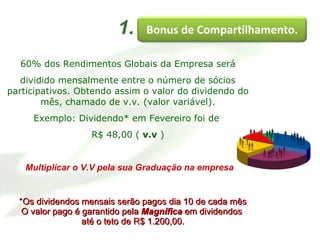 * Os dividendos mensais serão pagos dia 10 de cada mês O valor pago é garantido pela  Magnífica  em dividendos  até o teto de R$ 1.200,00. 1. 60% dos Rendimentos Globais da Empresa será dividido mensalmente entre o número de sócios participativos. Obtendo assim o valor do dividendo do mês, chamado de v.v. (valor variável). Exemplo: Dividendo* em Fevereiro foi de  R$ 48,00 (  v.v  ) Multiplicar o V.V pela sua Graduação na empresa Bonus de Compartilhamento. 