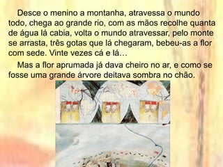 Desce o menino a montanha, atravessa o mundo
todo, chega ao grande rio, com as mãos recolhe quanta
de água lá cabia, volta o mundo atravessar, pelo monte
se arrasta, três gotas que lá chegaram, bebeu-as a flor
com sede. Vinte vezes cá e lá…
Mas a flor aprumada já dava cheiro no ar, e como se
fosse uma grande árvore deitava sombra no chão.
 