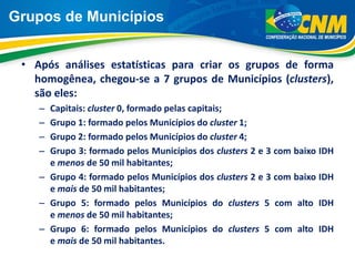 Grupos de Municípios
• Após análises estatísticas para criar os grupos de forma
homogênea, chegou-se a 7 grupos de Municípios (clusters),
são eles:
– Capitais: cluster 0, formado pelas capitais;
– Grupo 1: formado pelos Municípios do cluster 1;
– Grupo 2: formado pelos Municípios do cluster 4;
– Grupo 3: formado pelos Municípios dos clusters 2 e 3 com baixo IDH
e menos de 50 mil habitantes;
– Grupo 4: formado pelos Municípios dos clusters 2 e 3 com baixo IDH
e mais de 50 mil habitantes;
– Grupo 5: formado pelos Municípios do clusters 5 com alto IDH
e menos de 50 mil habitantes;
– Grupo 6: formado pelos Municípios do clusters 5 com alto IDH
e mais de 50 mil habitantes.
 