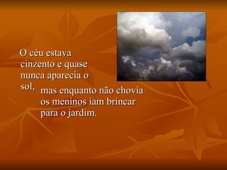 O céu estava cinzento e quase nunca aparecia o sol,  mas enquanto não chovia os meninos iam brincar para o jardim. 