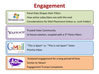 Engagement
Panel Data Shapes their Filters
How active subscribers are with the mail
Considerations for Mail Placement (Inbox vs. Junk Folder)


Trusted Voter Community
In-house solution, coupled with a 3rd Party Filters



“This is Spam” vs. “This is not Spam” Votes
Priority Inbox


Analyzed engagement for a long period of time
Similar to Yahoo!
Engagement Trumps Complaints
 
